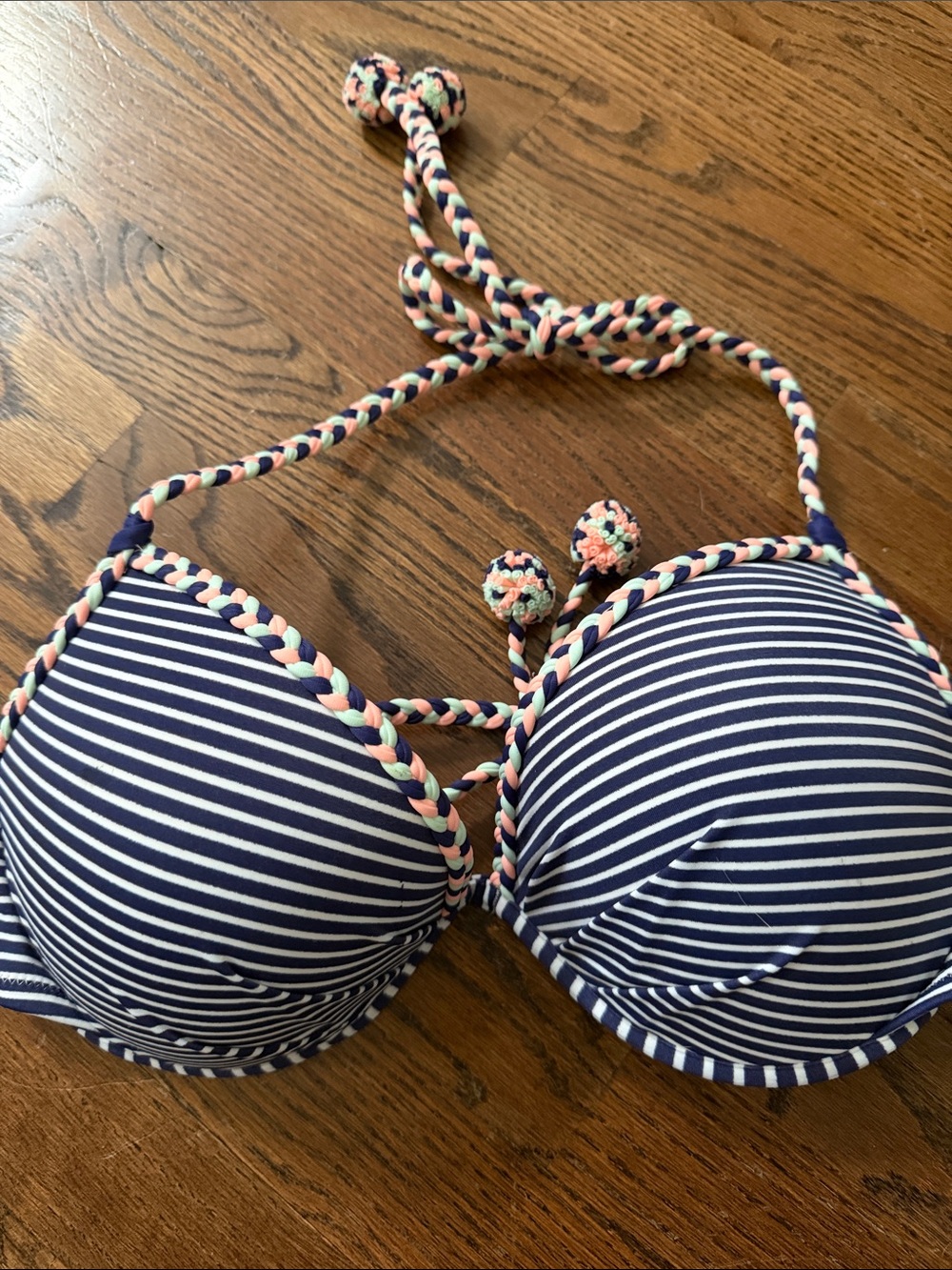Victoria’s Secret Navy and White Striped Bra Swim Top Braided Pastel Trim 34 DD
